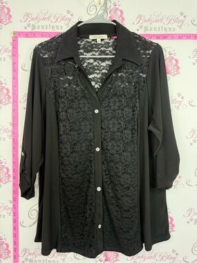 Emma and Olive shirt Black Lace Front Button-Down Blouse
